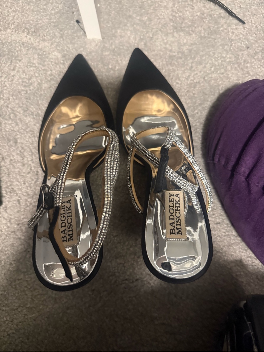 Badgley Mischka Black Pointed Toe Slingback Heels with Crystal T-Strap
